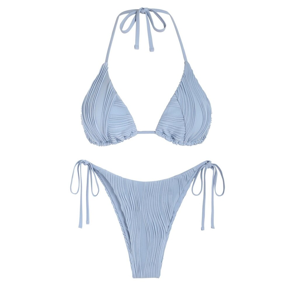 ZAFUL Womens Ribbed Bikini Set Halter Tie Back High Cut Thong Swimsuit Light